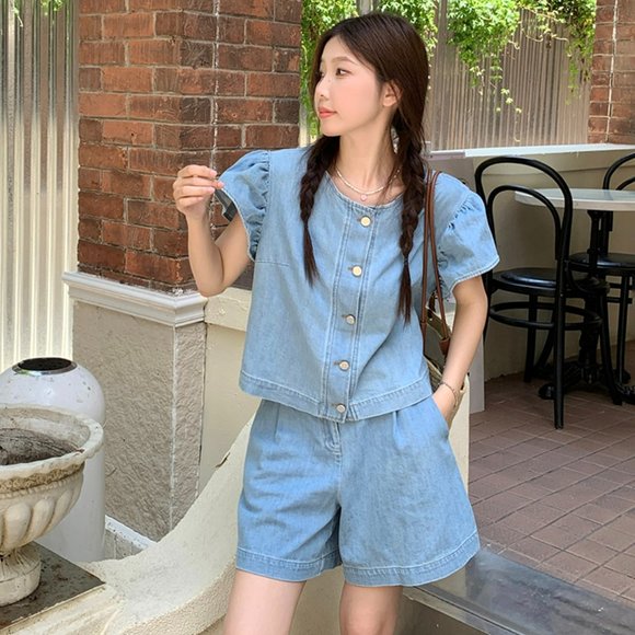 Denim 2 Piece Sets, Denim Shorts and Top Set, Puff Sleeve Tops and Shorts Sets